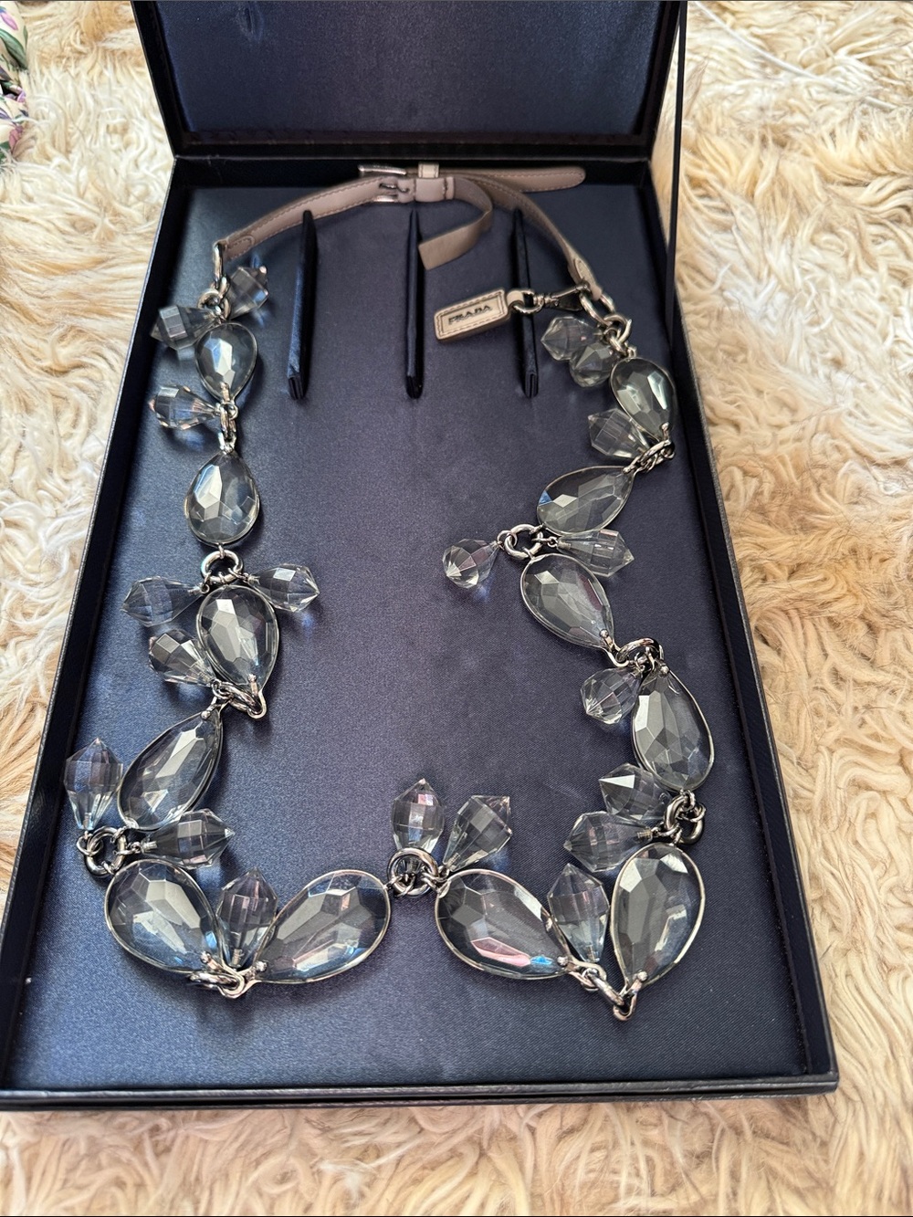 Prada Crystal Teardrop Statement Necklace - Clear Gray